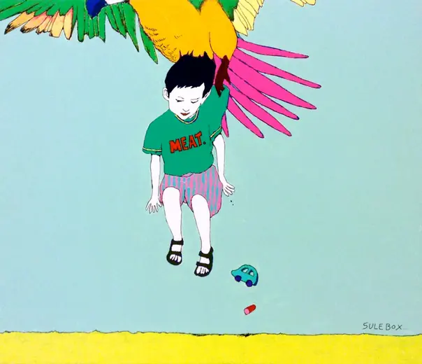 "Parrot philosophy" of SULEBOX solo exhibition — "Abruptness non every day" / Acrylic on wood panel 455×380mm